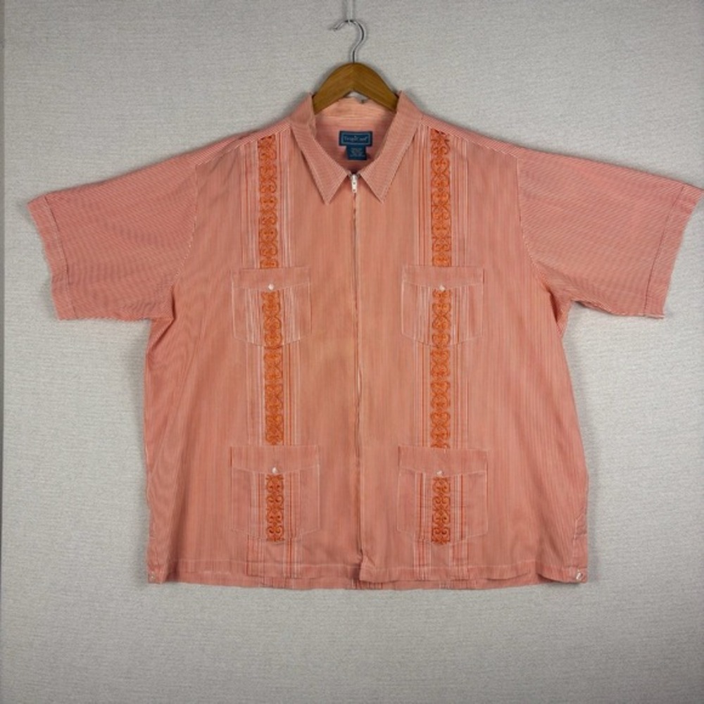 Vtg Y2K Guayabera Shirt Mens 2XL Front Zip Orange Pinstripe Retro Resort Cabana